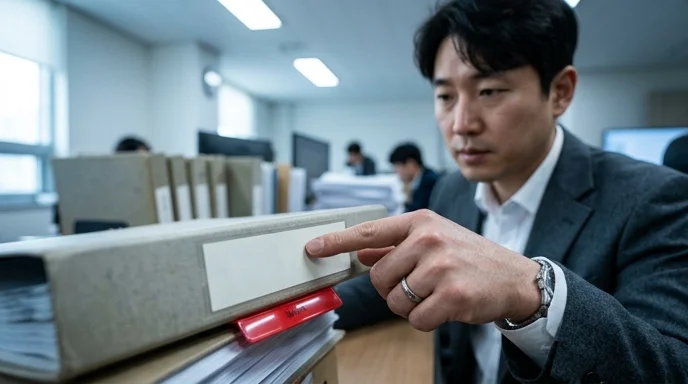 A Korean lawyer's hand pointing at the blank label slot of a thick file folder under cool office lighting.