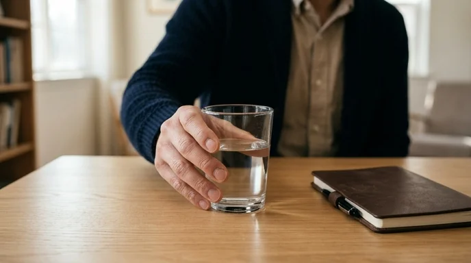 A Korean person's hand placing a clear glass of water on a consultation table next to a closed notebook.