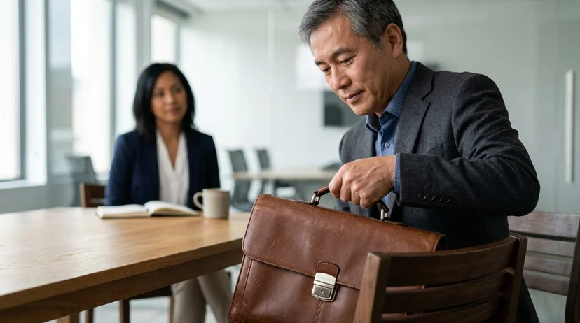 A Korean male client in his fifties placing a leather briefcase onto a chair next to a table.