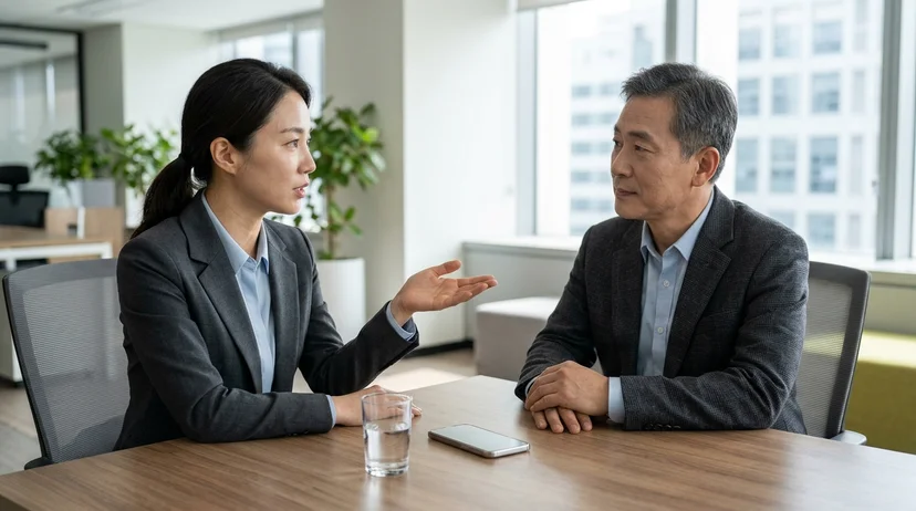 A Korean lawyer and a male client in his fifties discussing across a consultation table in a bright modern office.