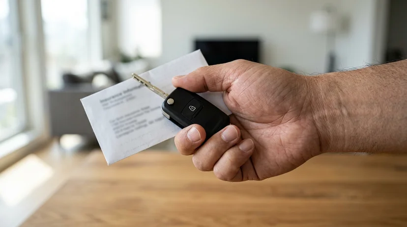 The bare hand of a Korean man in his fifties holding a car key and an envelope.