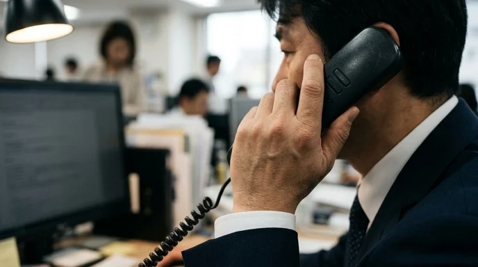 A Korean businessman gripping a black office telephone receiver.