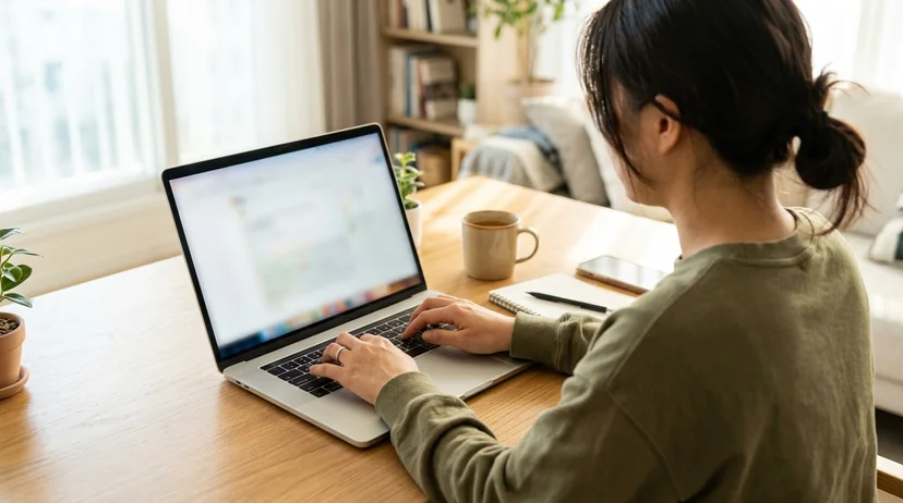 A Korean person sitting at a desk and typing on a silver laptop.