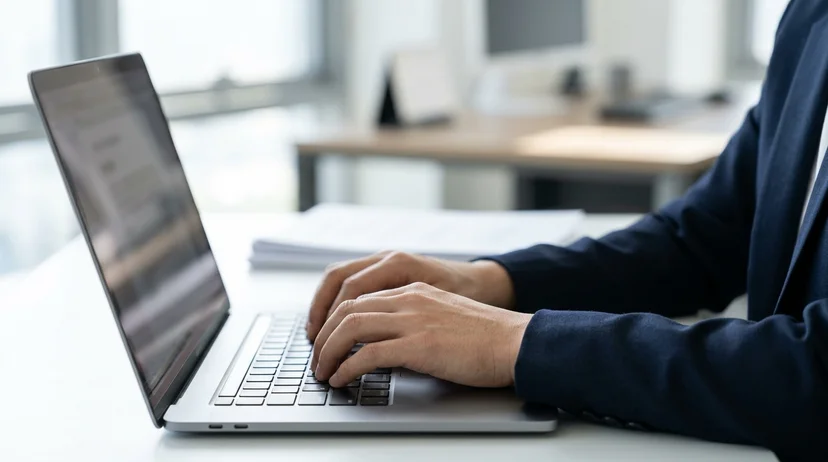 A Korean lawyer's hands typing on a laptop keyboard on a bright office desk with the screen out of focus.