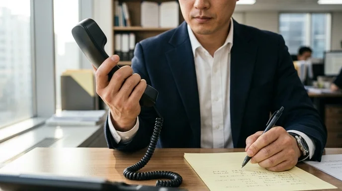 A Korean lawyer's hand holding a telephone handset while the other hand writes notes.