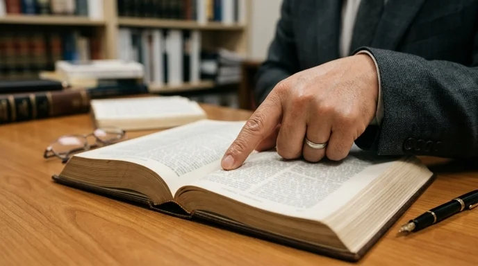 A Korean lawyer's hand pointing at an open law book on a wooden desk under warm overhead lighting.