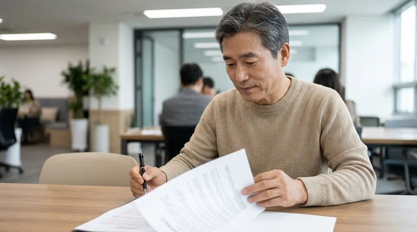A Korean male client flipping through a contract document and marking the margin with a pen under clean overhead light.