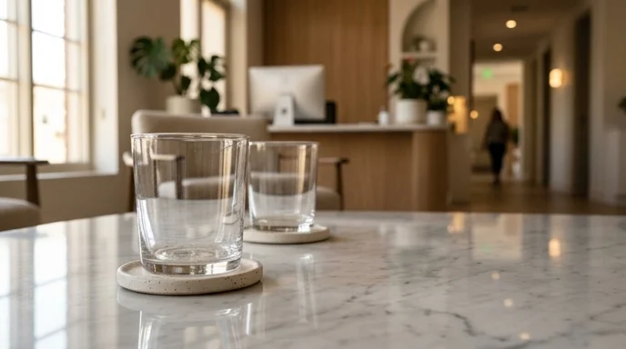 Two pristine glass tumblers resting on ceramic coasters on a polished marble consultation table.