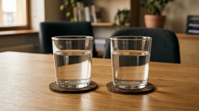 Two clear glass water tumblers resting on coasters on a smooth wooden consultation table.