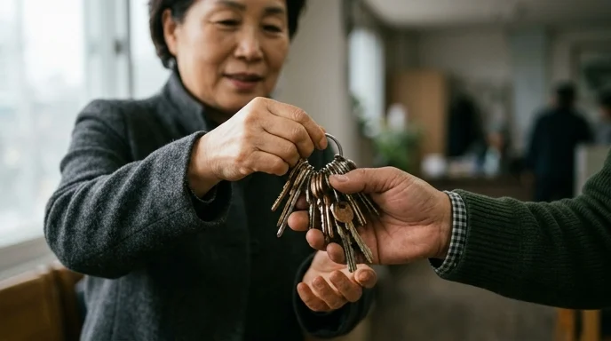 Two Korean people's hands exchanging a bundle of metallic keys under soft overcast daylight.