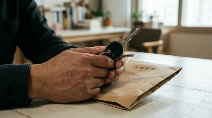A Korean person's hands tightly holding a metallic car key and a folded auto insurance envelope on a white table.