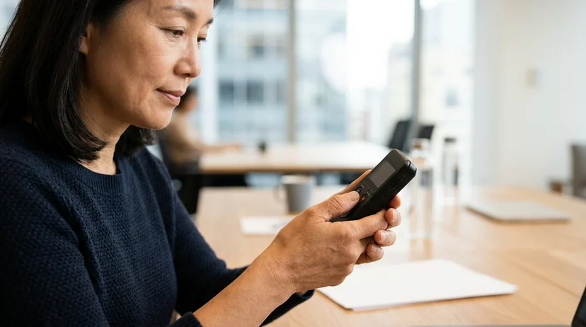 A Korean female client's thumb pressing the button on a voice recorder under bright indoor light.