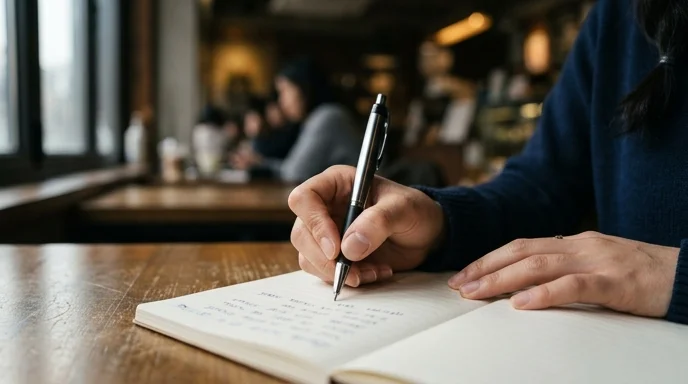 Close-up of a Korean person's hand writing in a plain notebook with a ballpoint pen.