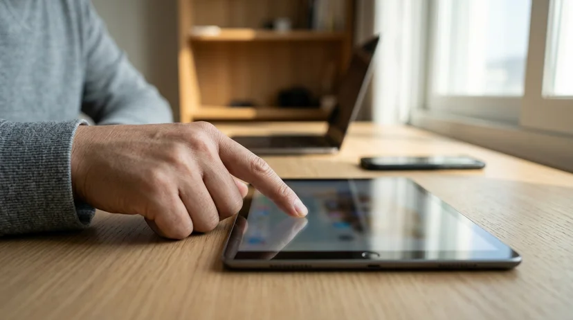 A Korean individual's hand pointing at the glass screen of a tablet resting flat on a wooden desk.