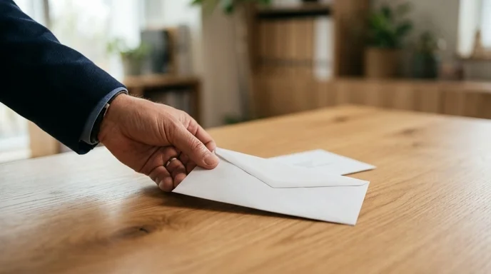 A Korean client's hand placing a sealed paper envelope on a smooth oak consultation table.