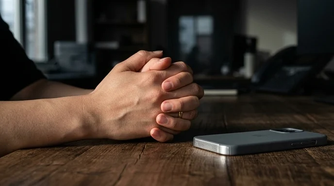 A Korean person's hands tightly intertwined on a desk next to a face-down smartphone in a dark office.