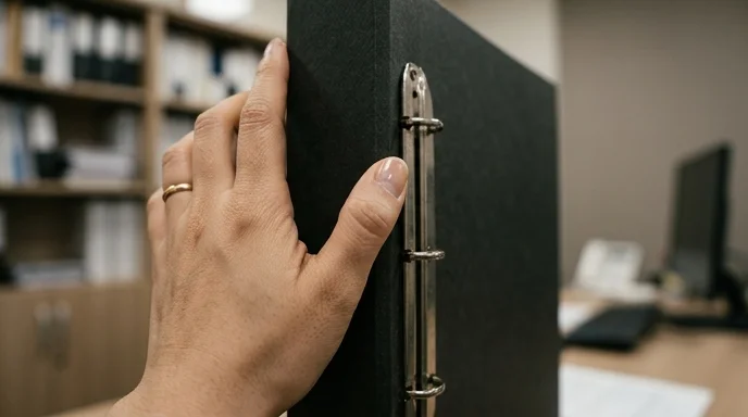 A Korean lawyer's hand gently pressing against the edge of a thick case file in a well-lit office.