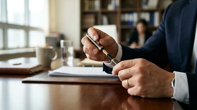 A close-up of a Korean lawyer's hand taking the cap off a fountain pen at a desk.