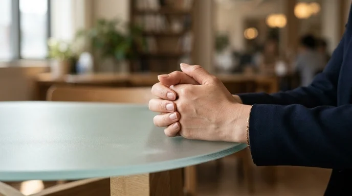 A Korean person's hands clasped together on the edge of a frosted glass consultation table.