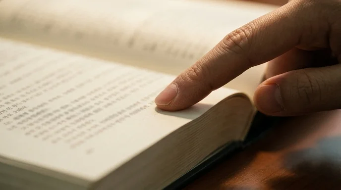 A Korean lawyer's fingertip tracing a clause on the open pages of a thick law book.