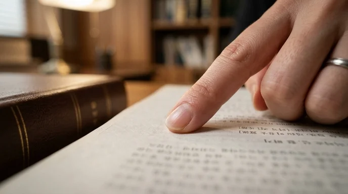 A Korean lawyer's index finger pointing at an out-of-focus page of a thick law book under warm desk lamp light.