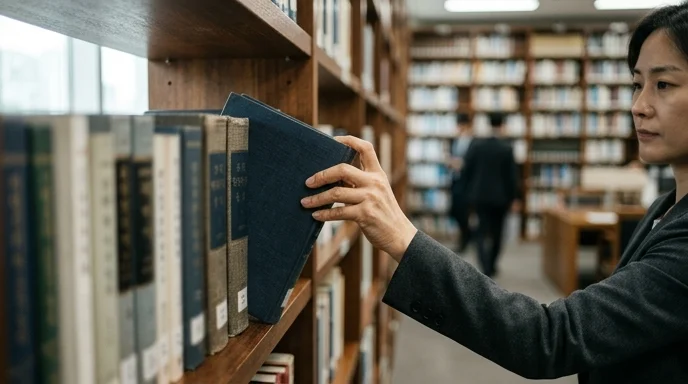 A Korean lawyer's hand pulling a thick law book from a wooden bookshelf in a well-lit room.