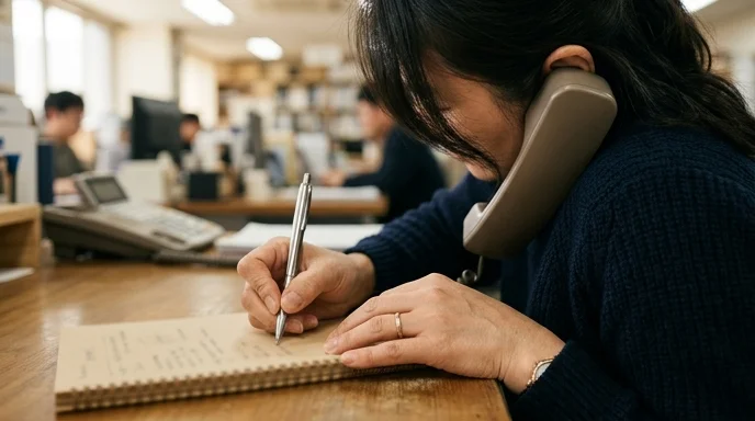 A Korean woman holding a phone receiver between ear and shoulder while writing on a pad, hands in sharp focus.