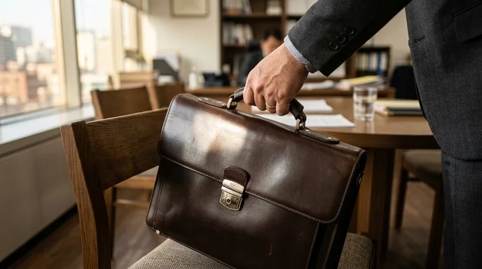 A Korean lawyer's hand placing a leather briefcase on a chair beside a consultation table.