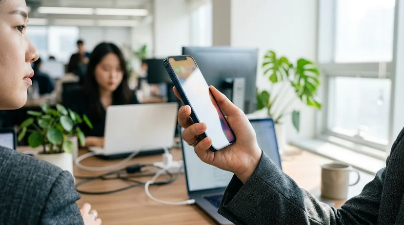 A Korean person's hand holding a mobile phone in a bright office.