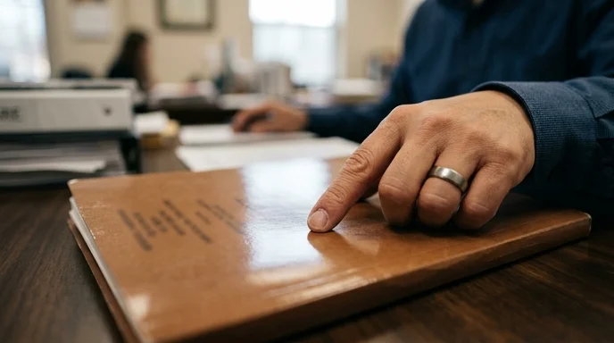 Close-up of a Korean lawyer's hand resting a finger on the label area of a case file folder on a desk.