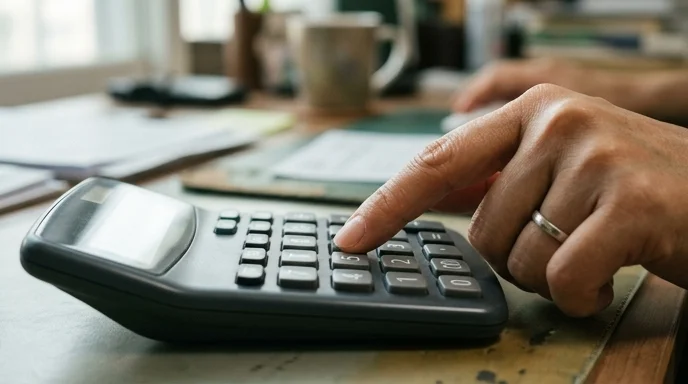 A Korean person's index finger pressing a button on a dark plastic desktop calculator.