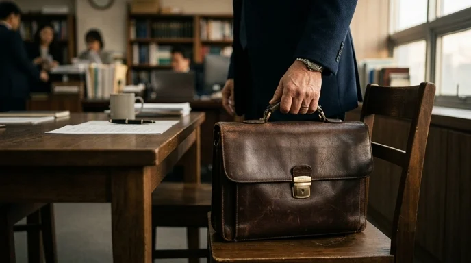 A Korean lawyer's hand placing a leather briefcase on a wooden chair, smooth leather catching warm afternoon light.