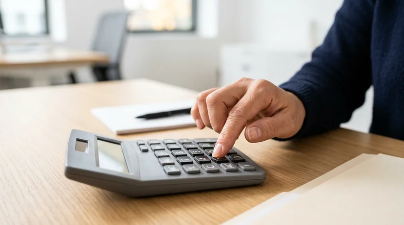 A Korean female client in her fifties pressing a button on a grey calculator on a white table.