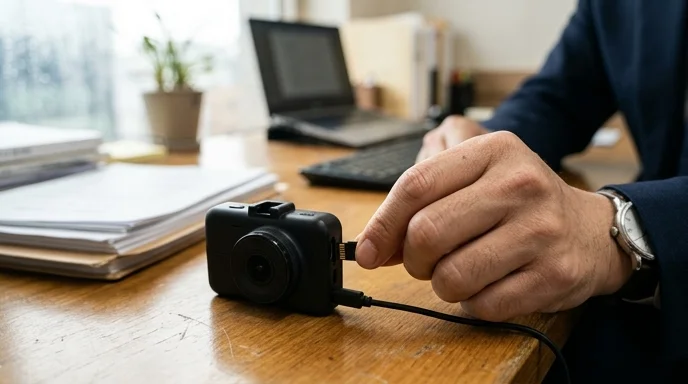 A Korean lawyer's hand extracting a small memory card from a black dashcam resting on a wooden desk.