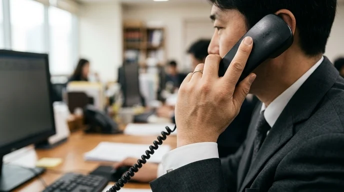 A Korean lawyer's hand holding a phone receiver in a bright office.