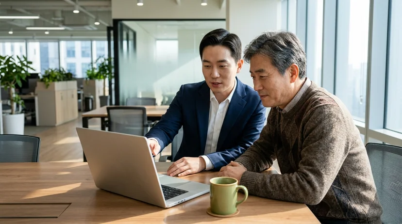 A Korean lawyer and a male client in his fifties viewing a business file on a laptop in a bright meeting room.