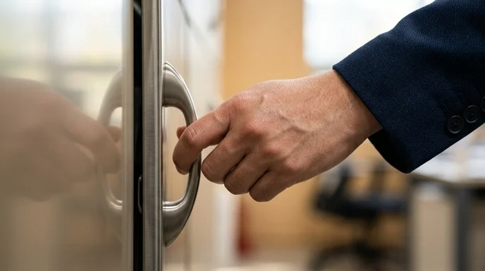 A Korean expert's hand pulling the metal drawer handle of a file cabinet in a warm office.