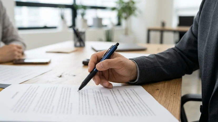 A Korean lawyer's hand holding a pen and pointing at a printed document on a desk under bright indoor light.