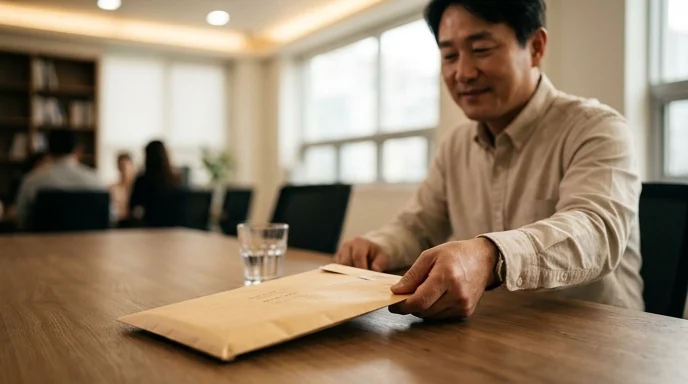 A Korean client in a beige shirt placing a crisp manila envelope on a smooth wooden consultation table.