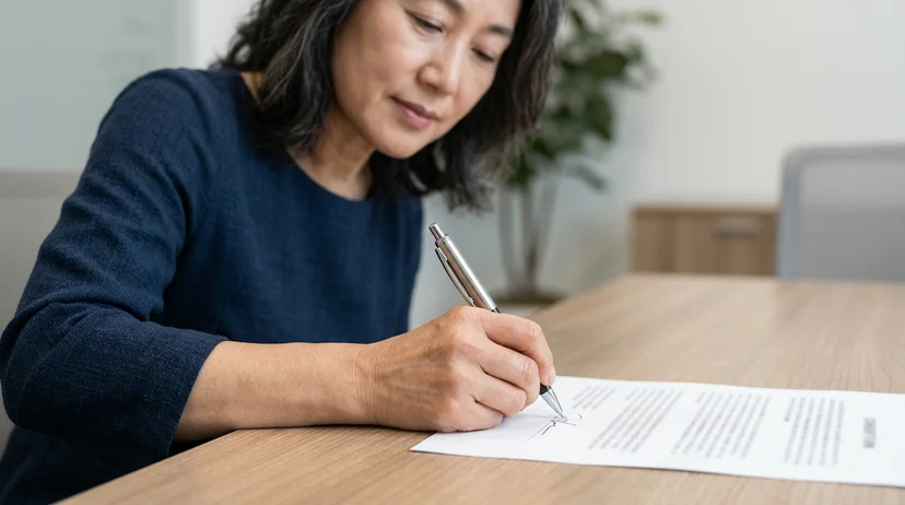 A Korean female client in her fifties signing a blurred consent form with a metal pen.