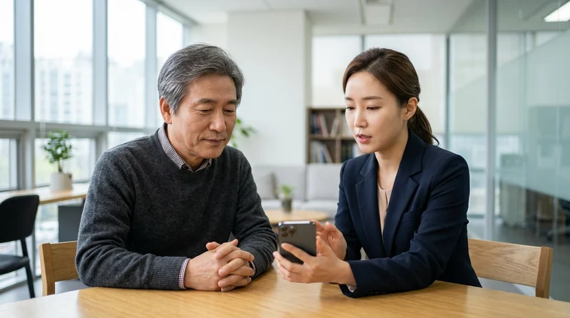 A Korean lawyer explaining a video on a smartphone to a male client in his fifties at a bright table.