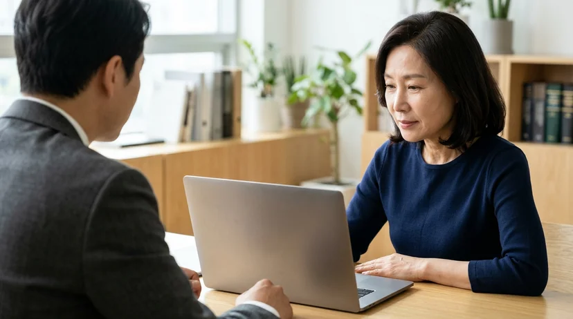 A Korean lawyer and a female client looking at a laptop screen together at a consulting table.