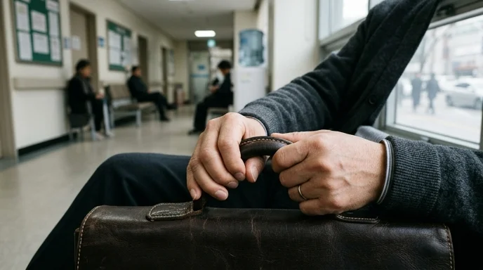Two Korean hands tightly gripping the handle of a textured leather briefcase in a waiting area.