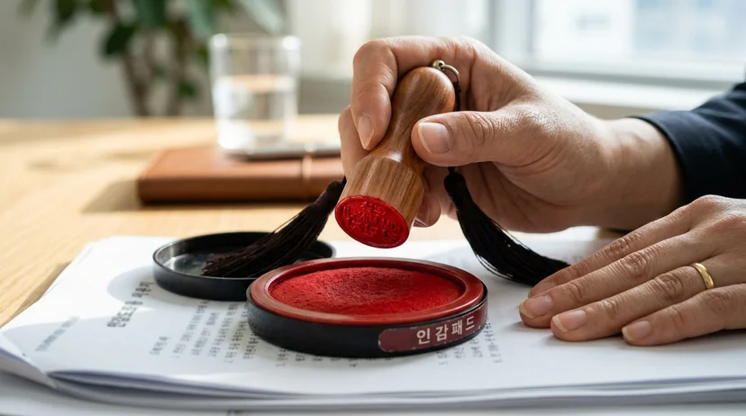 A Korean person's hand lifting a wooden personal seal coated with red ink from an ink pad on some documents.