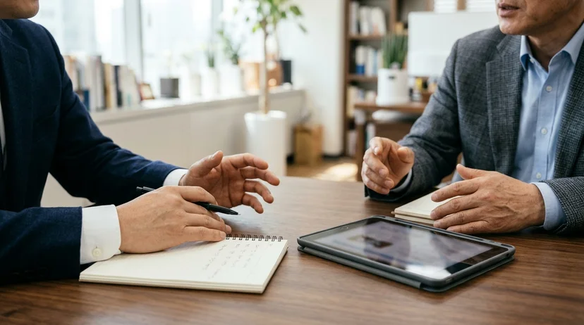 A Korean lawyer and a male client in his fifties sitting across a desk with a tablet and a notebook.