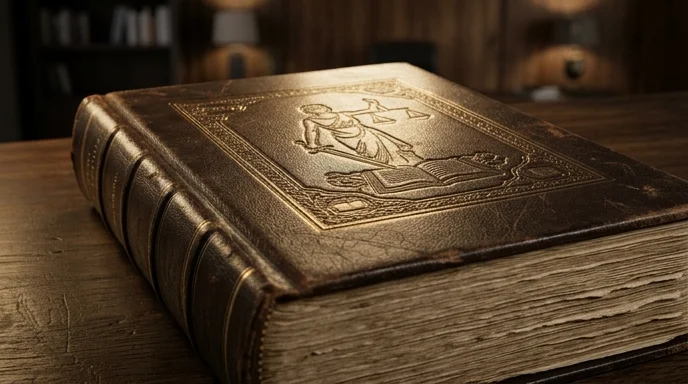 Macro shot of the textured leather cover and page edges of a thick law book on a wooden desk.