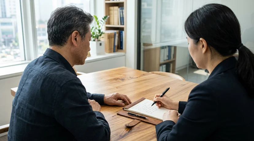 Over-the-shoulder view of a Korean lawyer and a male client in his fifties having a consultation with a notepad.