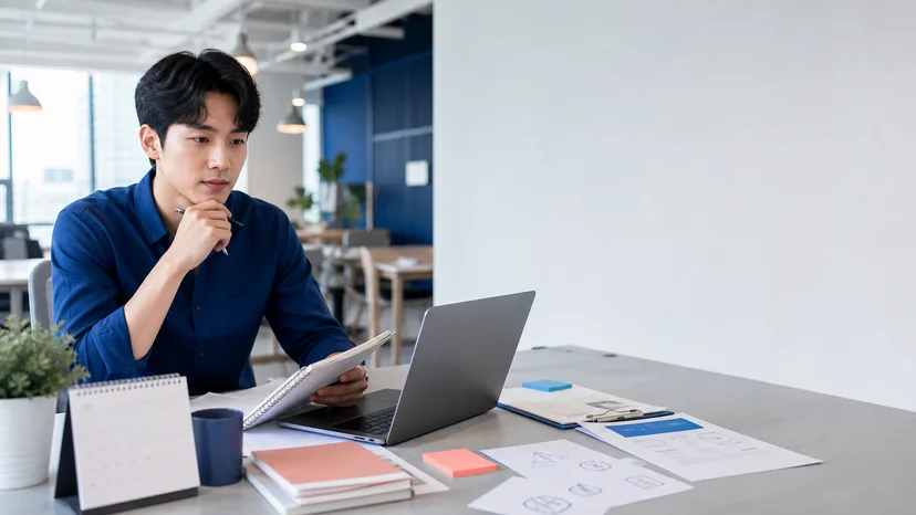 창업자가 노트북과 일정표로 지원사업 신청 자료를 준비하는 모습