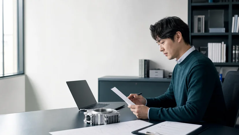 기술 자료와 노트북을 앞에 두고 보증 신청을 준비하는 엔지니어 창업자