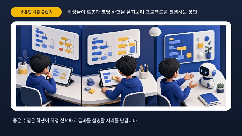 학생들이 로봇과 코딩 화면을 살펴보며 프로젝트를 진행하는 장면